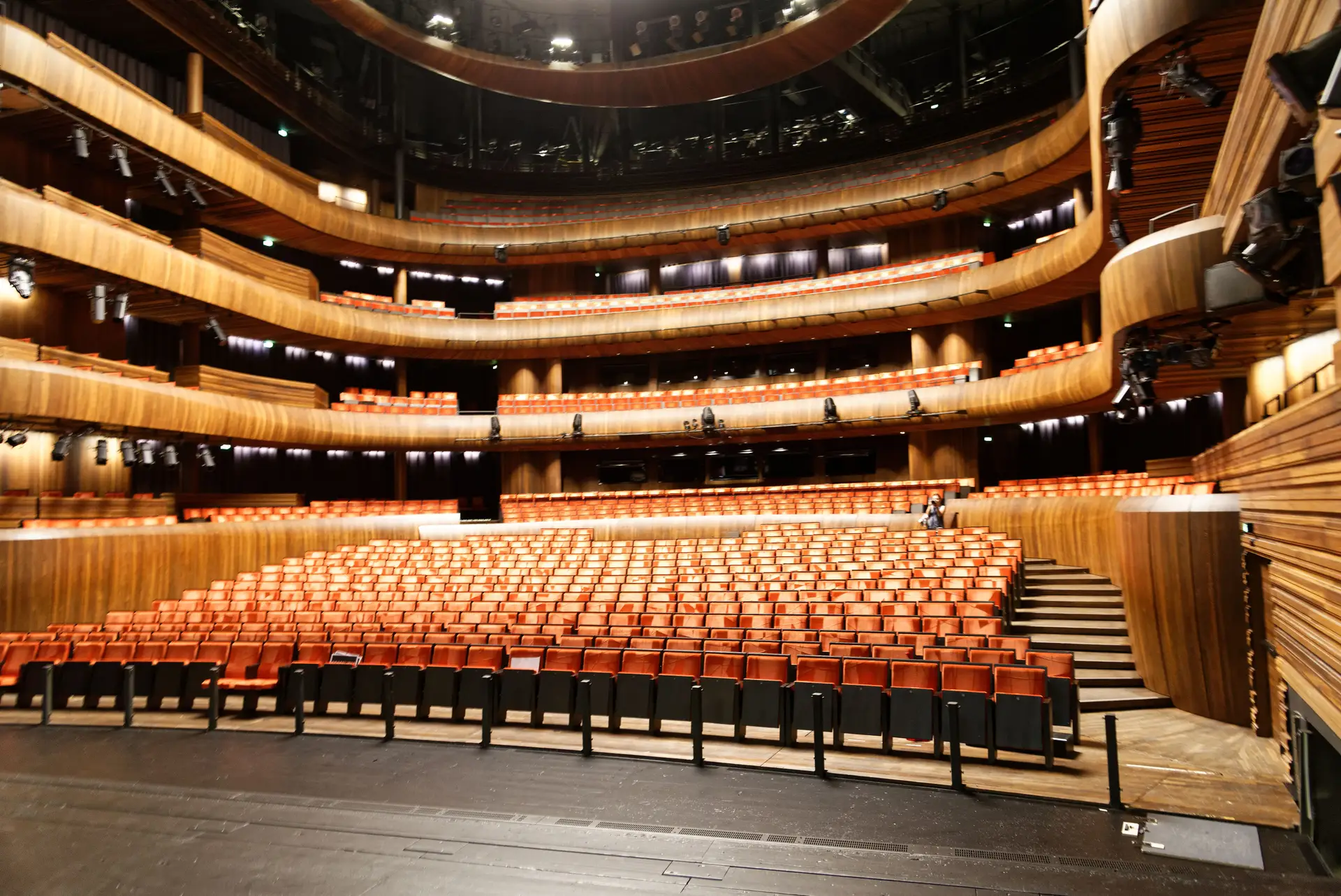 Modern concert hall interior with wooden architecture